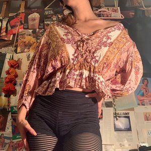 Floral lace up 3/4 sleeve peasant blouse